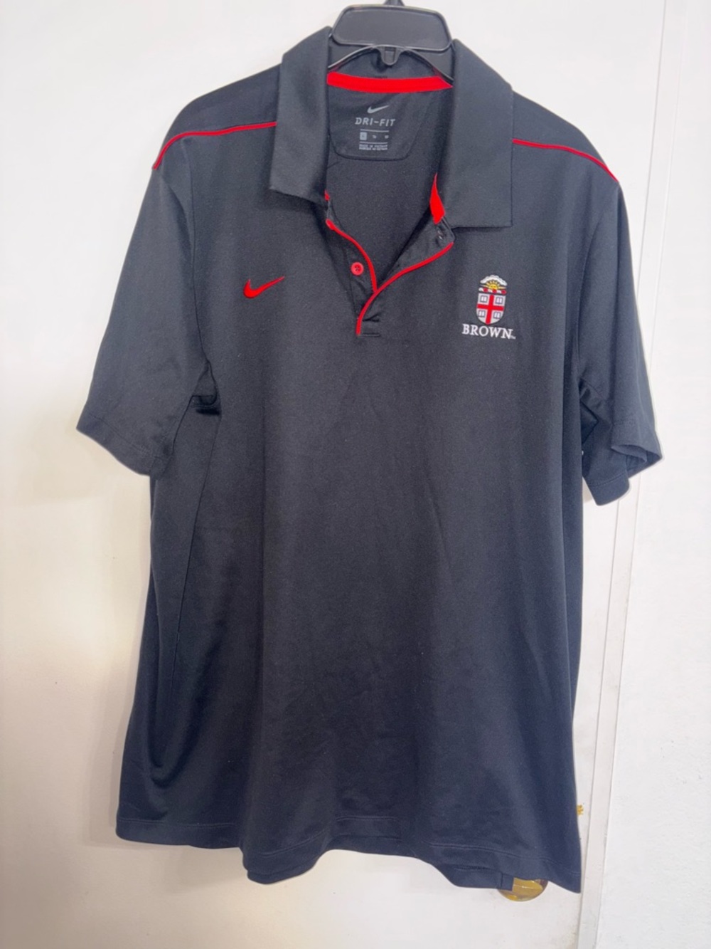 Nike Dri fit Black Polo with Red Trim and Brown University Crest XL